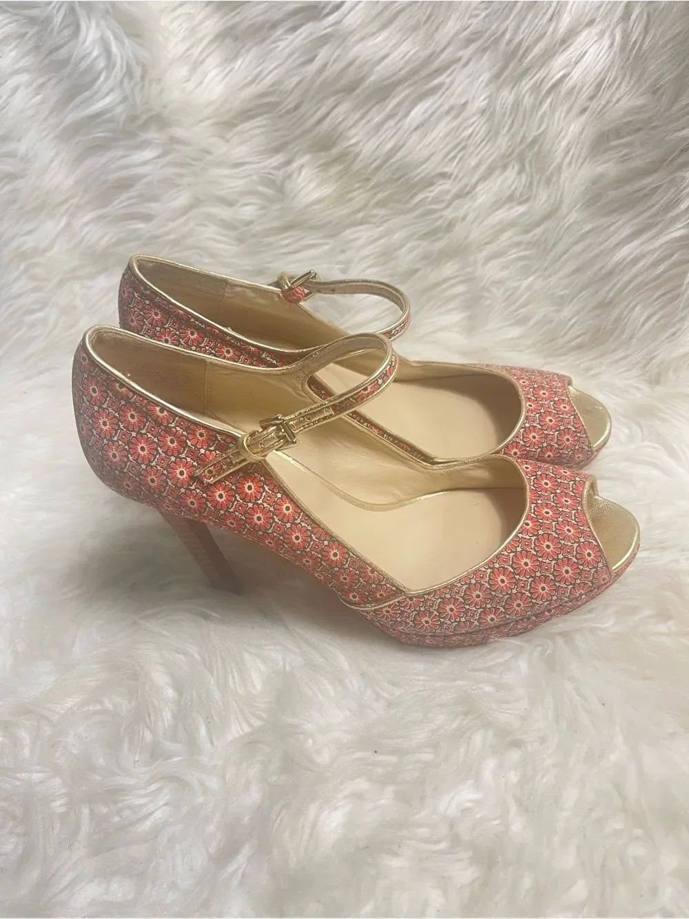 Coach Shea Mini Floral Orange &Gray Peep-Toe Mary Jane Heels gold trim SZ9B